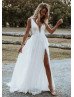 Plunging Neck Ivory Lace Tulle Slit Romantic Wedding Dress